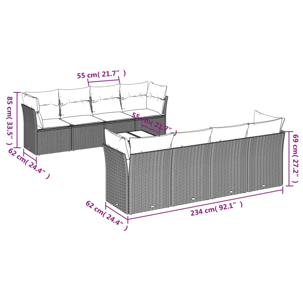 Set Divani da Giardino 9 pz con Cuscini Nero in Polyrattan
