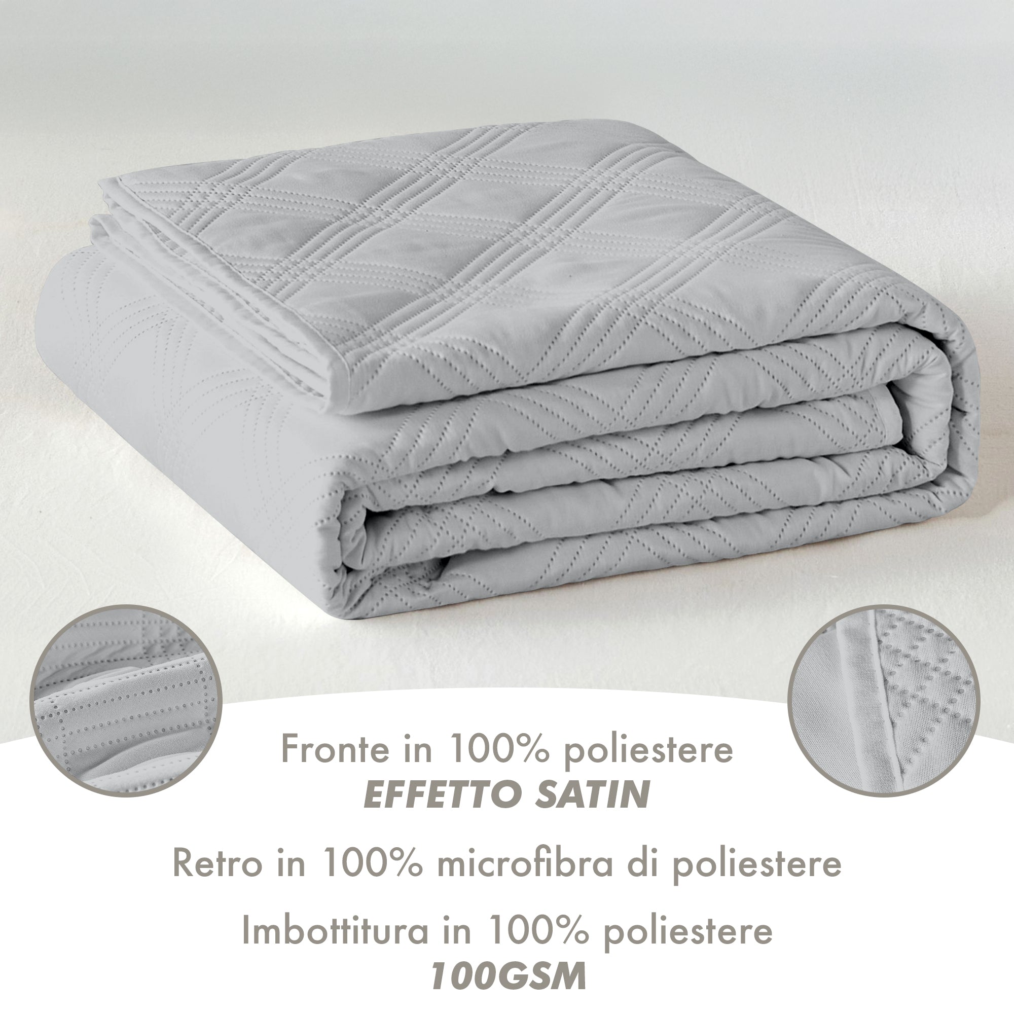 Copriletto Trapuntato Matrimoniale Elegante Trapuntino Microfibra Effetto Raso Due Piazze Coperta Letto Leggera Primavera Estate Trapunta Coperta Leggera  Grigio