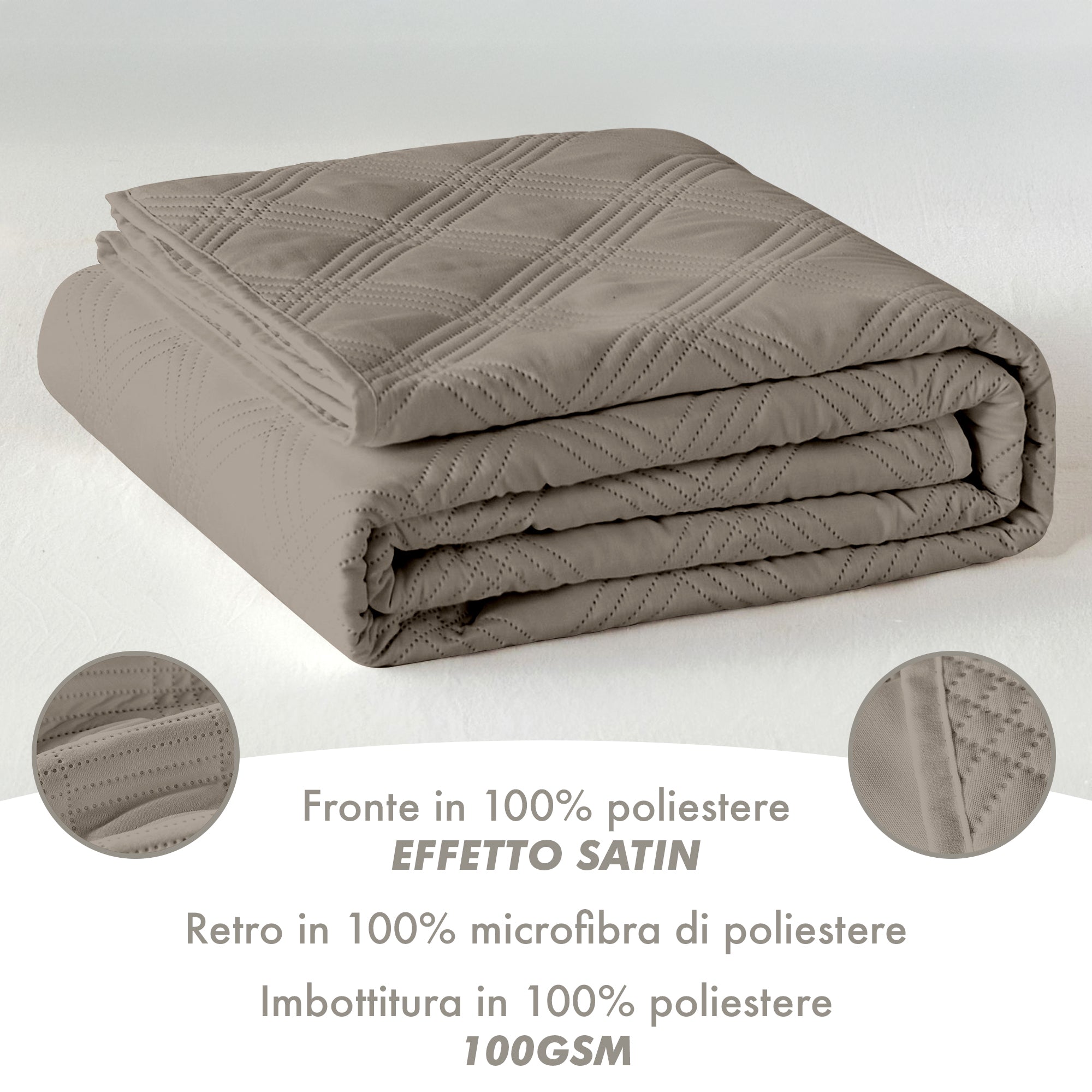 Copriletto Trapuntato Matrimoniale Elegante Trapuntino Microfibra Effetto Raso Due Piazze Coperta Letto Leggera Primavera Estate Trapunta Coperta Leggera  Tortora