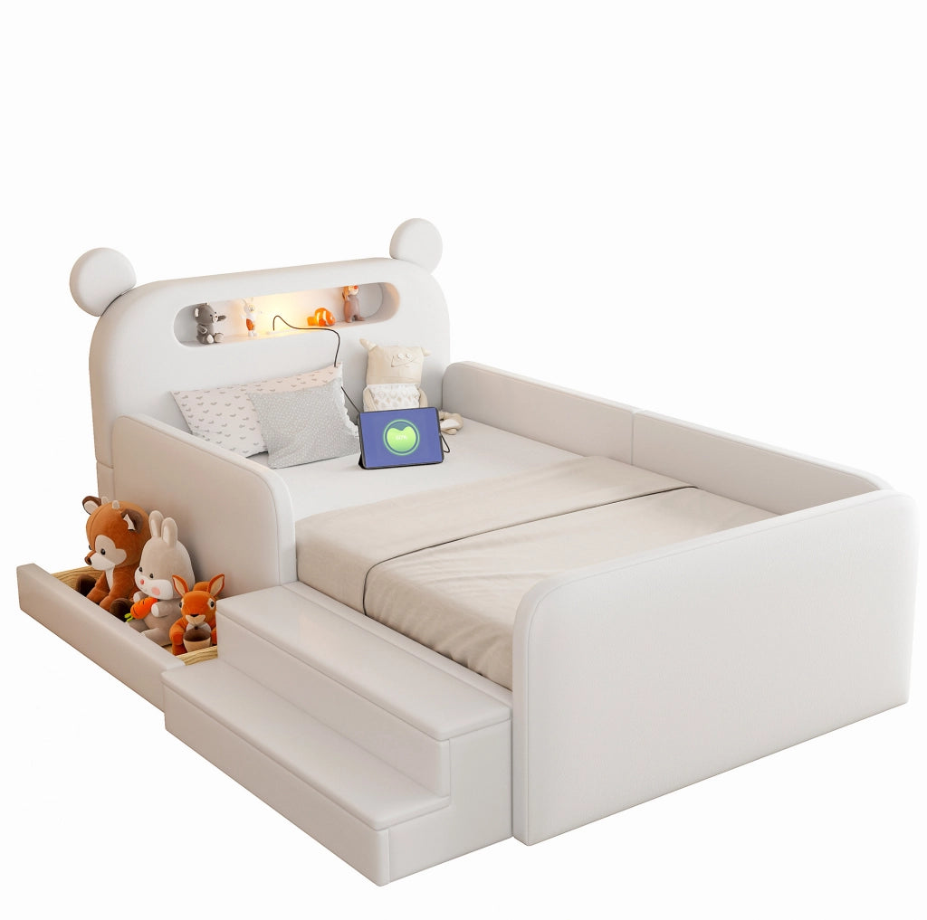Letto imbottito per bambini 90x200 cm con testiera a orso; luce notturna; USB e contenitore; bianco