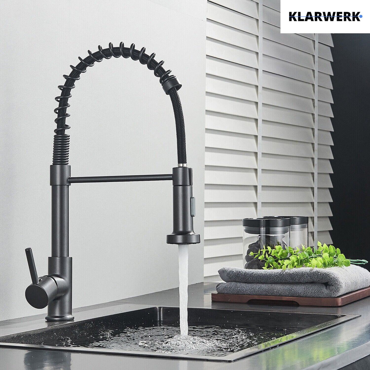 Bernd | Rubinetto cucina gastronomia con molla grigio titanio | flessibile in acciaio inossidabile |miscelatore ruotato di 360°Alta pressione 2 porte
