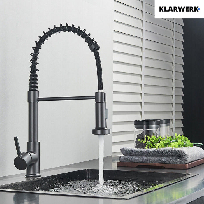 Bernd | Rubinetto cucina gastronomia con molla grigio titanio | flessibile in acciaio inossidabile |miscelatore ruotato di 360°Alta pressione 2 porte