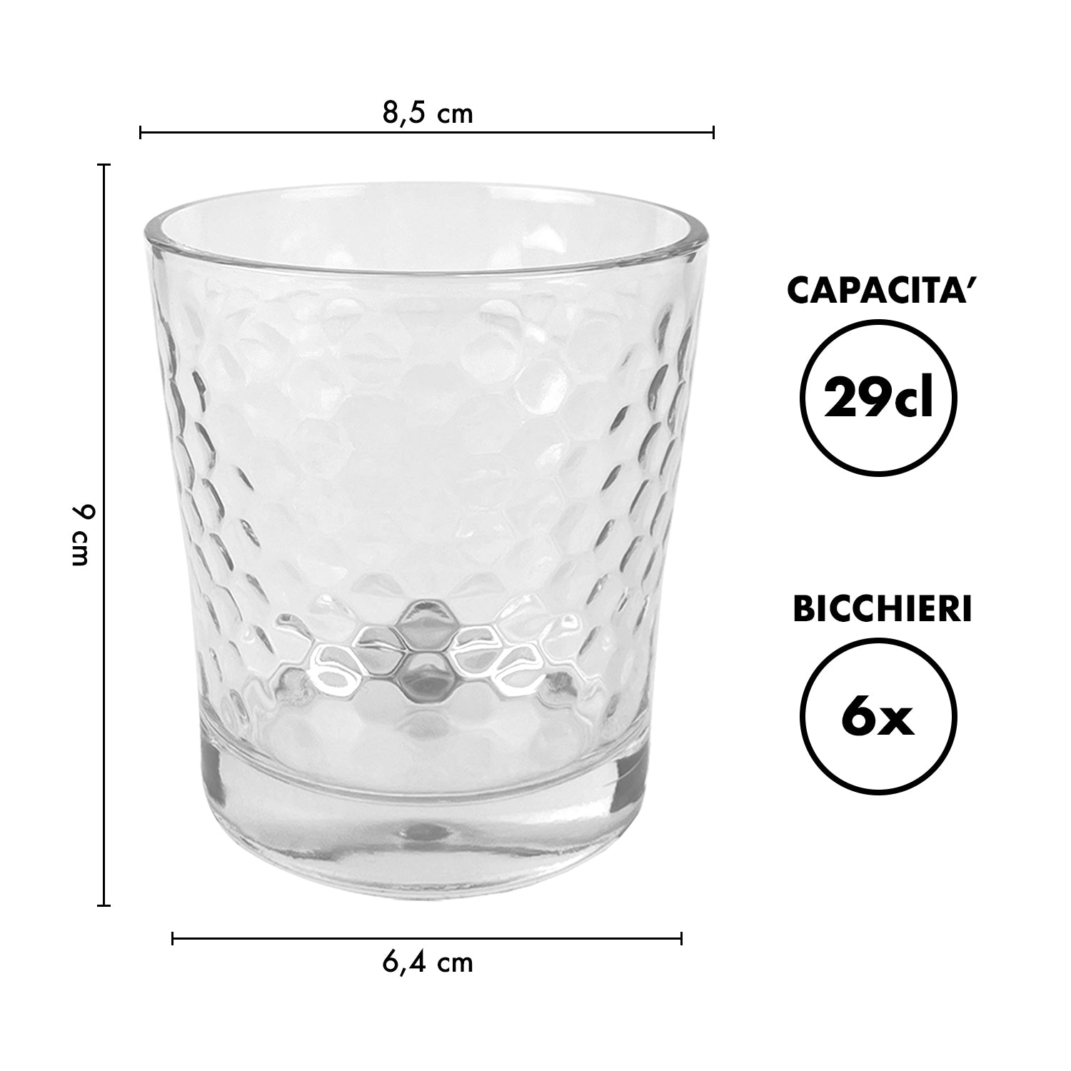 Set 6 Bicchieri Acqua Bibite Bevande 29 Cl In Vetro Resistente Lavorato Bicchiere Design Moderno Cucina Certificati Contatto Alimentare Lavastoviglie Microonde Bar Ristorante Modello 4