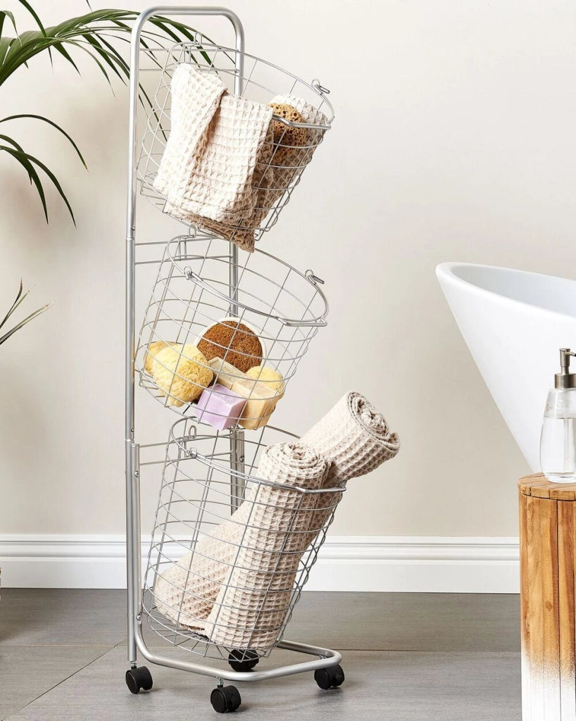 Carrello Portaoggetti per Bagno 3 Cestelli in Metallo Argento con Ruote