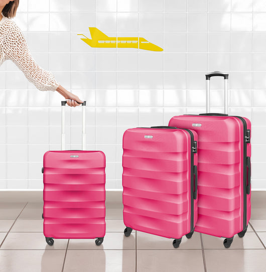 Set Di 3 Valigie Rigide ABS Valigia Da Viaggio Con Chiusura Lucchetto Combinazione Grande Media Piccola Forti Resistenti Manico Telescopico Trolley Borsa Vacanze Set Viaggio Treno Aereo Auto Fuxia