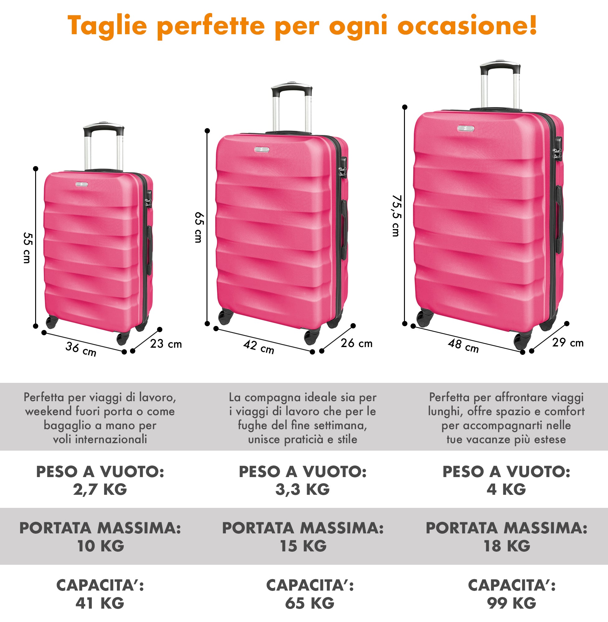 Set Di 3 Valigie Rigide ABS Valigia Da Viaggio Con Chiusura Lucchetto Combinazione Grande Media Piccola Forti Resistenti Manico Telescopico Trolley Borsa Vacanze Set Viaggio Treno Aereo Auto Fuxia