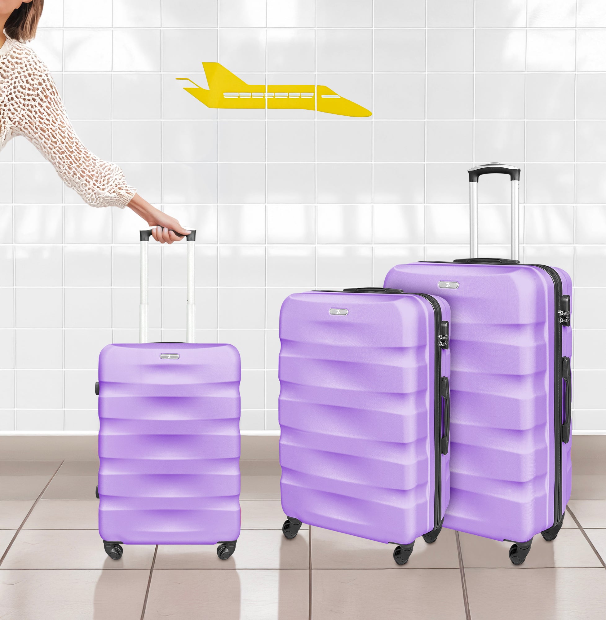 Set Di 3 Valigie Rigide ABS Valigia Da Viaggio Con Chiusura Lucchetto Combinazione Grande Media Piccola Forti Resistenti Manico Telescopico Trolley Borsa Vacanze Set Viaggio Treno Aereo Auto Lilla