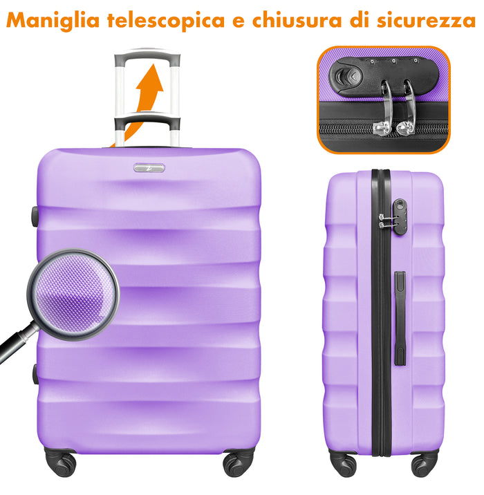 Set Di 3 Valigie Rigide ABS Valigia Da Viaggio Con Chiusura Lucchetto Combinazione Grande Media Piccola Forti Resistenti Manico Telescopico Trolley Borsa Vacanze Set Viaggio Treno Aereo Auto Lilla