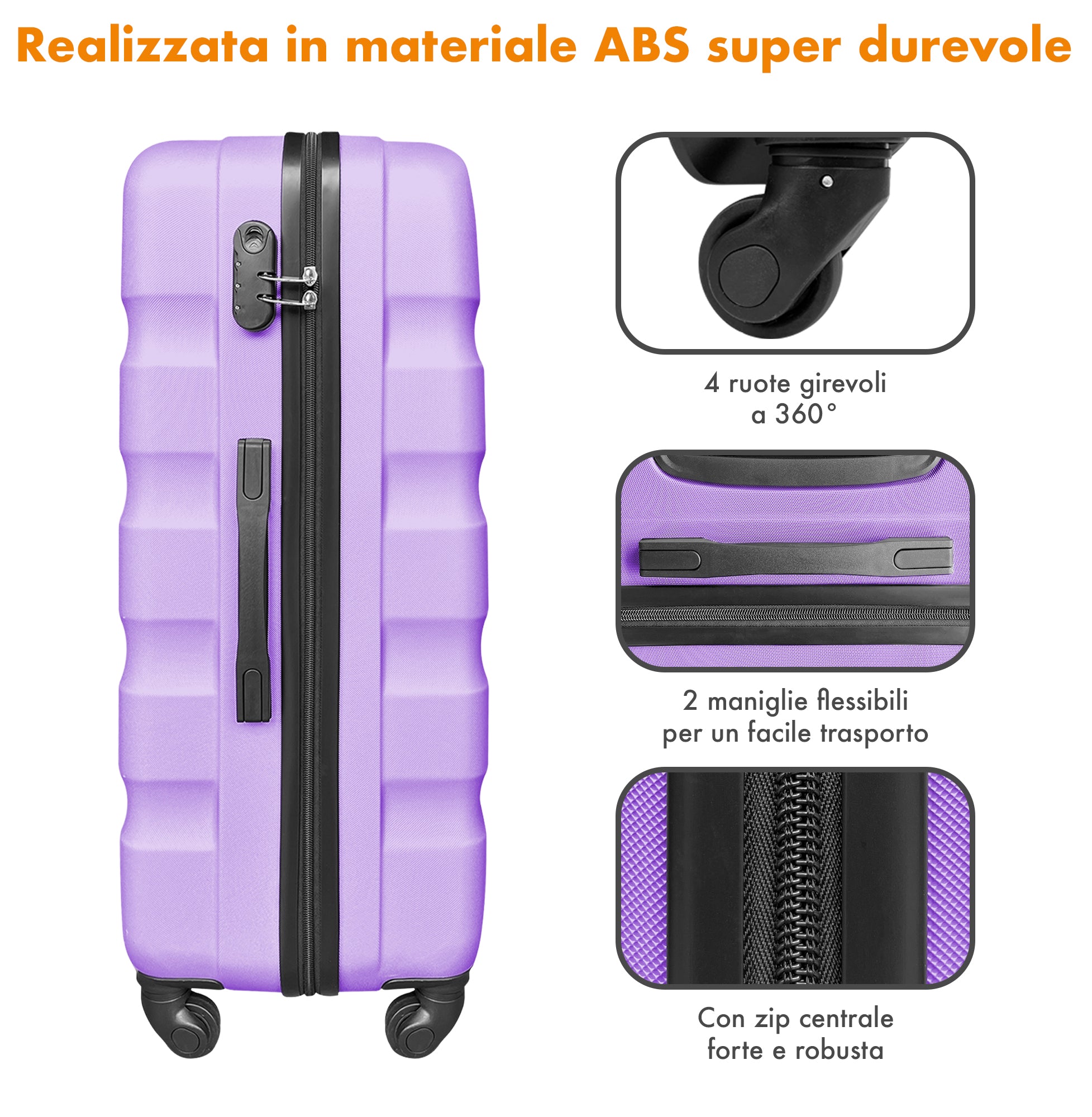 Set Di 3 Valigie Rigide ABS Valigia Da Viaggio Con Chiusura Lucchetto Combinazione Grande Media Piccola Forti Resistenti Manico Telescopico Trolley Borsa Vacanze Set Viaggio Treno Aereo Auto Lilla