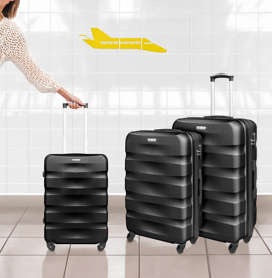 Set Di 3 Valigie Rigide ABS Valigia Da Viaggio Con Chiusura Lucchetto Combinazione Grande Media Piccola Forti Resistenti Manico Telescopico Trolley Borsa Vacanze Set Viaggio Treno Aereo Auto Nero