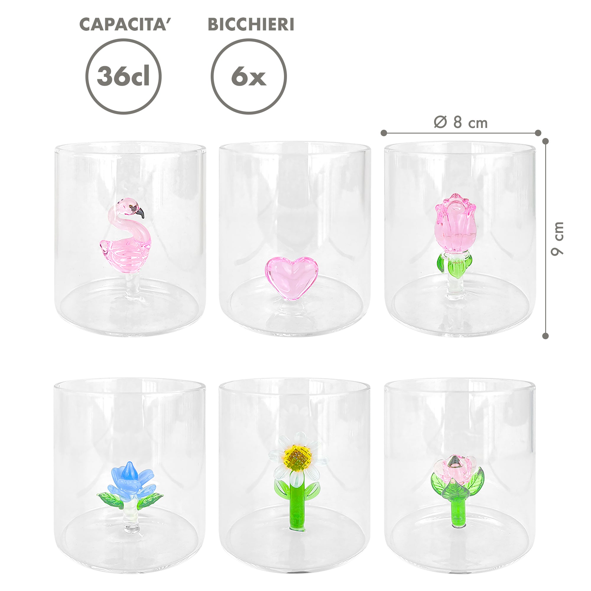 Set 6 Bicchieri 3D In Vetro Borosilicato 36 CL In ResistentI Con Figura All'interno Bicchiere Design Moderno Cucina Certificati Contatto Alimentare Lavastoviglie  Wild