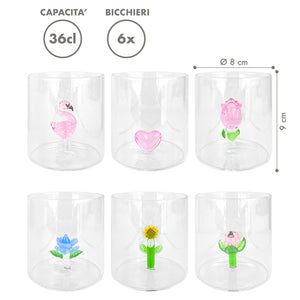 Set 6 Bicchieri 3D In Vetro Borosilicato 36 CL In ResistentI Con Figura All'interno Bicchiere Design Moderno Cucina Certificati Contatto Alimentare Lavastoviglie  Wild