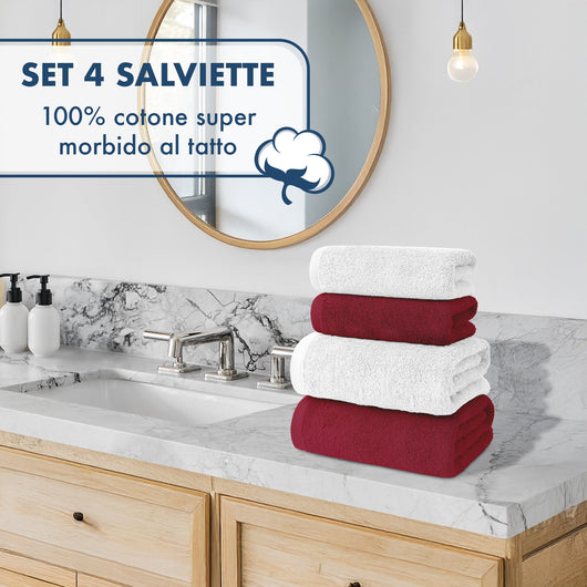 Asciugamani Bagno 100% Spugna Puro Cotone 500 Gr 4 Pezzi 2 Salvietta Viso 2 Asciugamano Ospite Mani Qualità Certificato Oeko-Tex Salviette Super Morbide Bicolore Bianco/Bordeaux