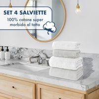 Asciugamani Bagno 100% Spugna Puro Cotone 500 Gr 4 Pezzi 2 Salvietta Viso 2 Asciugamano Ospite Mani Qualità Certificato Oeko-Tex Salviette Super Morbide Bicolore Bianco/GrigioPerla