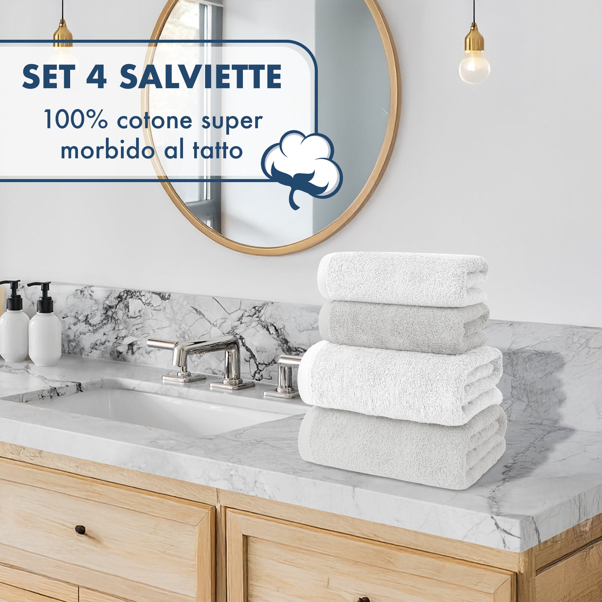 Asciugamani Bagno 100% Spugna Puro Cotone 500 Gr 4 Pezzi 2 Salvietta Viso 2 Asciugamano Ospite Mani Qualità Certificato Oeko-Tex Salviette Super Morbide Bicolore Bianco/GrigioPerla