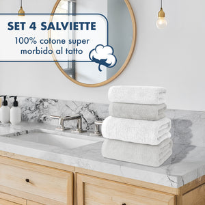 Asciugamani Bagno 100% Spugna Puro Cotone 500 Gr 4 Pezzi 2 Salvietta Viso 2 Asciugamano Ospite Mani Qualità Certificato Oeko-Tex Salviette Super Morbide Bicolore Bianco/GrigioPerla