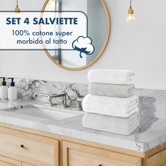 Asciugamani Bagno 100% Spugna Puro Cotone 500 Gr 4 Pezzi 2 Salvietta Viso 2 Asciugamano Ospite Mani Qualità Certificato Oeko-Tex Salviette Super Morbide Bicolore Bianco/GrigioPerla