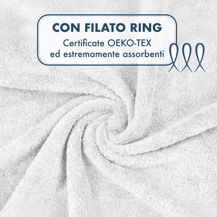 Asciugamani Bagno 100% Spugna Puro Cotone 500 Gr 4 Pezzi 2 Salvietta Viso 2 Asciugamano Ospite Mani Qualità Certificato Oeko-Tex Salviette Super Morbide Bicolore Bianco/GrigioPerla