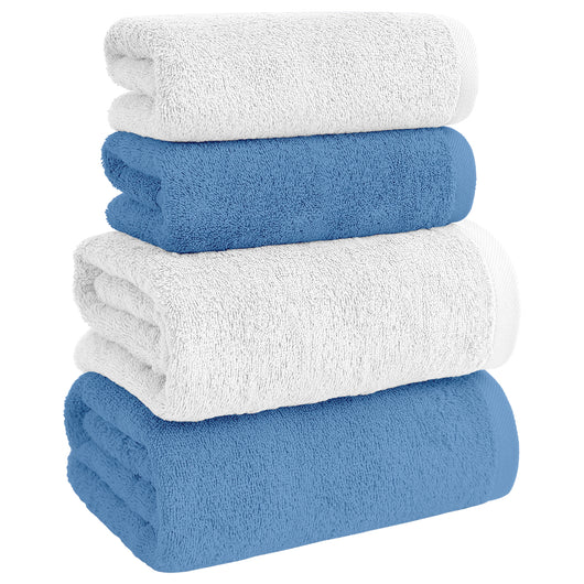 Asciugamani Bagno 100% Spugna Puro Cotone 500 Gr 4 Pezzi 2 Salvietta Viso 2 Asciugamano Ospite Mani Qualità Certificato Oeko-Tex Salviette Super Morbide Bicolore Bianco/NauticalBlu