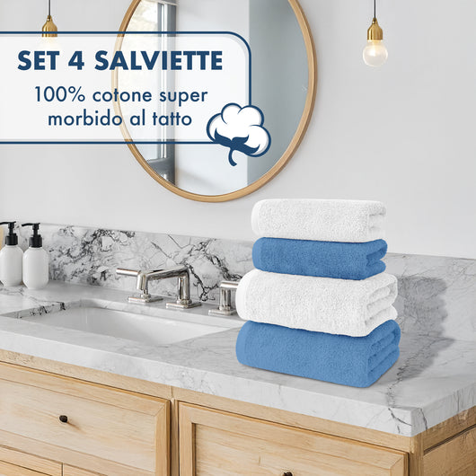 Asciugamani Bagno 100% Spugna Puro Cotone 500 Gr 4 Pezzi 2 Salvietta Viso 2 Asciugamano Ospite Mani Qualità Certificato Oeko-Tex Salviette Super Morbide Bicolore Bianco/NauticalBlu