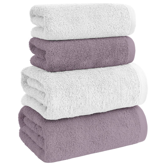Asciugamani Bagno 100% Spugna Puro Cotone 500 Gr 4 Pezzi 2 Salvietta Viso 2 Asciugamano Ospite Mani Qualità Certificato Oeko-Tex Salviette Super Morbide Bicolore Bianco/Prugna