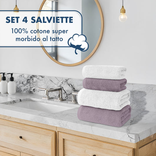 Asciugamani Bagno 100% Spugna Puro Cotone 500 Gr 4 Pezzi 2 Salvietta Viso 2 Asciugamano Ospite Mani Qualità Certificato Oeko-Tex Salviette Super Morbide Bicolore Bianco/Prugna
