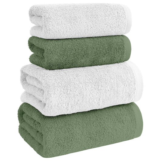 Asciugamani Bagno 100% Spugna Puro Cotone 500 Gr 4 Pezzi 2 Salvietta Viso 2 Asciugamano Ospite Mani Qualità Certificato Oeko-Tex Salviette Super Morbide Bicolore Bianco/VerdeSottobosco