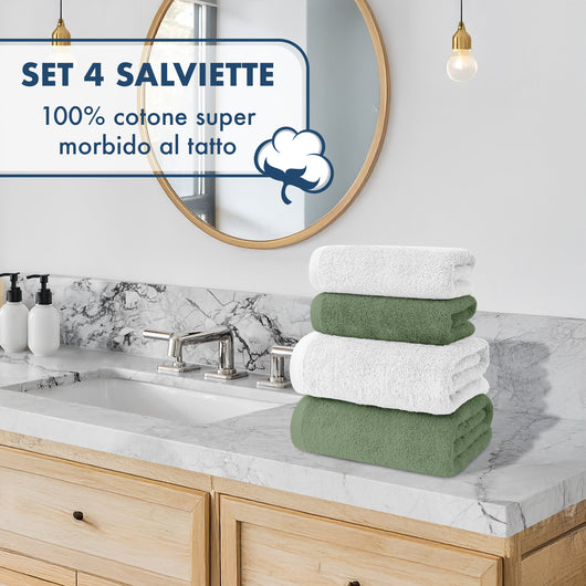 Asciugamani Bagno 100% Spugna Puro Cotone 500 Gr 4 Pezzi 2 Salvietta Viso 2 Asciugamano Ospite Mani Qualità Certificato Oeko-Tex Salviette Super Morbide Bicolore Bianco/VerdeSottobosco