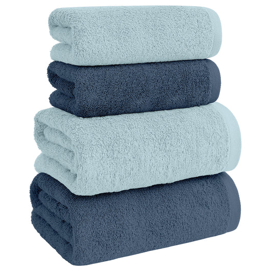 Asciugamani Bagno 100% Spugna Puro Cotone 500 Gr 4 Pezzi 2 Salvietta Viso 2 Asciugamano Ospite Mani Qualità Certificato Oeko-Tex Salviette Super Morbide Bicolore BluJeans/Cielo