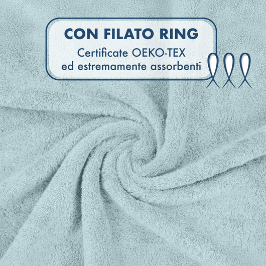 Asciugamani Bagno 100% Spugna Puro Cotone 500 Gr 4 Pezzi 2 Salvietta Viso 2 Asciugamano Ospite Mani Qualità Certificato Oeko-Tex Salviette Super Morbide Bicolore BluJeans/Cielo