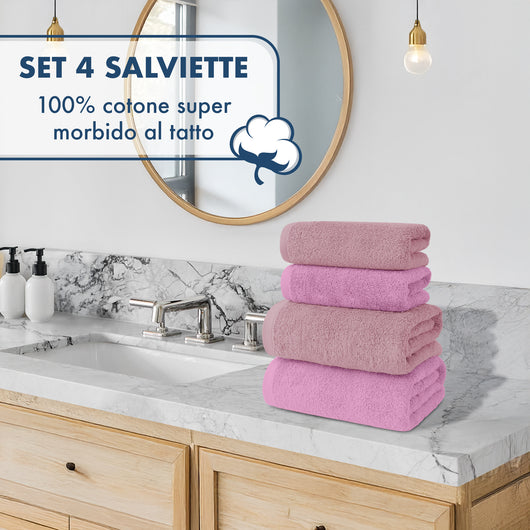 Asciugamani Bagno 100% Spugna Puro Cotone 500 Gr 4 Pezzi 2 Salvietta Viso 2 Asciugamano Ospite Mani Qualità Certificato Oeko-Tex Salviette Super Morbide Bicolore Orchidea/Lilla