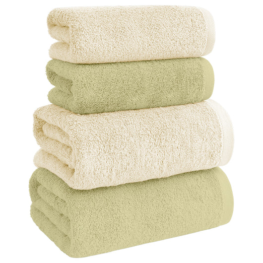 Asciugamani Bagno 100% Spugna Puro Cotone 500 Gr 4 Pezzi 2 Salvietta Viso 2 Asciugamano Ospite Mani Qualità Certificato Oeko-Tex Salviette Super Morbide Bicolore Panna/Salvia