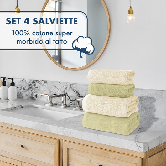 Asciugamani Bagno 100% Spugna Puro Cotone 500 Gr 4 Pezzi 2 Salvietta Viso 2 Asciugamano Ospite Mani Qualità Certificato Oeko-Tex Salviette Super Morbide Bicolore Panna/Salvia