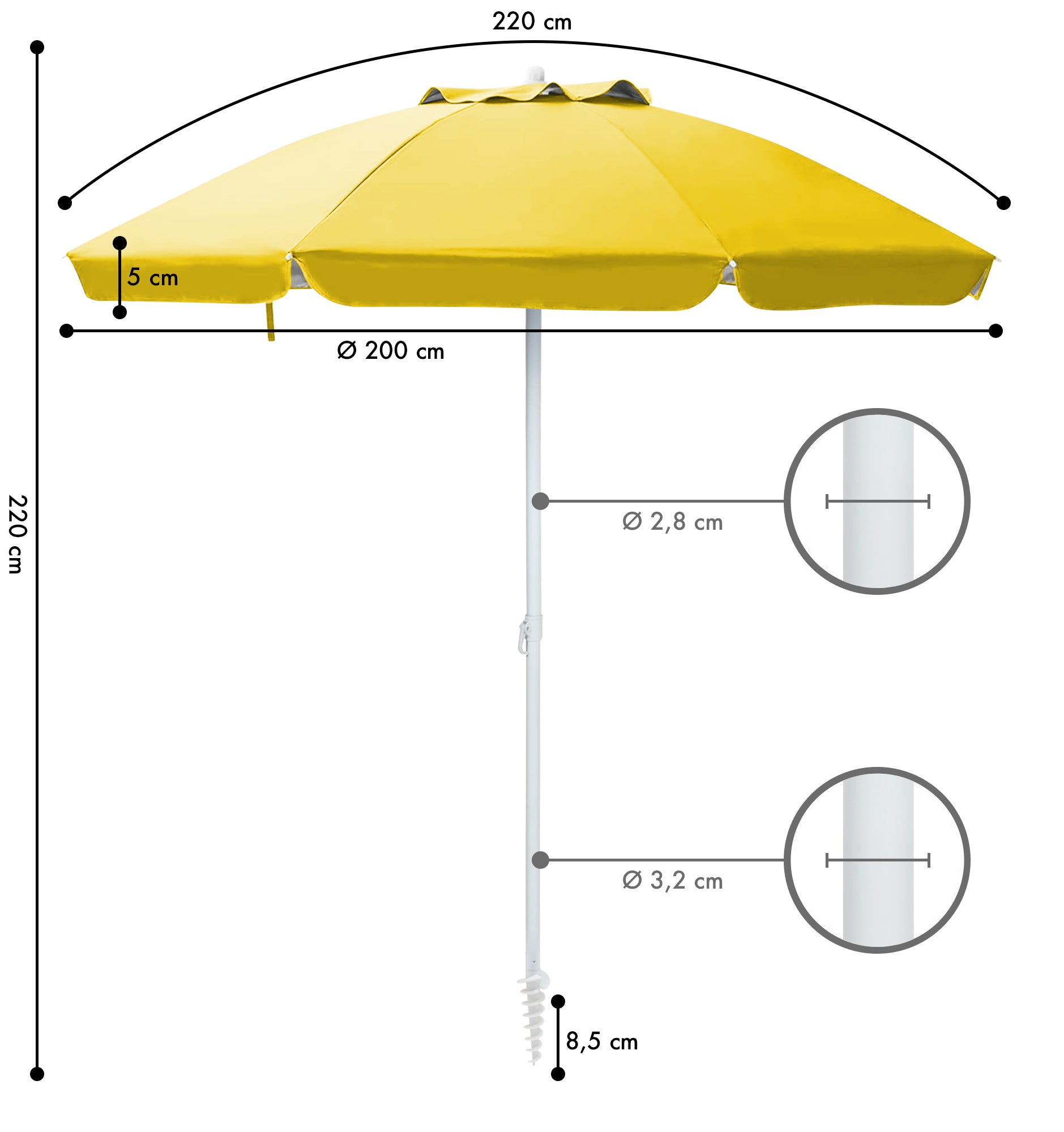 Ombrellone Da Spiaggia Grande Antivento 2.20 Metri Portatile Struttura In Acciaio A 8 Stecche Pieghevole Reclinabile Regolabile Altezza Puntale A Vite Resistente Uv Con Custodia A Tracolla Mare Campeggio Prato  Giallo