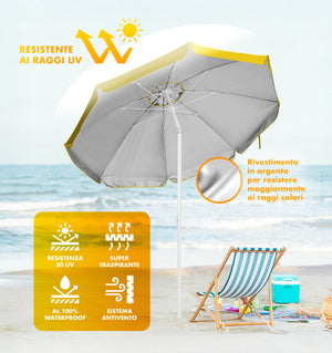 Ombrellone Da Spiaggia Grande Antivento 2.20 Metri Portatile Struttura In Acciaio A 8 Stecche Pieghevole Reclinabile Regolabile Altezza Puntale A Vite Resistente Uv Con Custodia A Tracolla Mare Campeggio Prato  Giallo