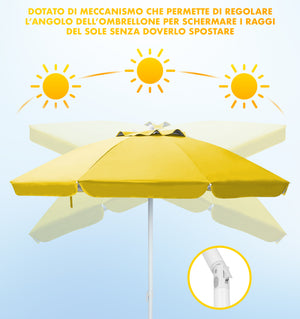 Ombrellone Da Spiaggia Grande Antivento 2.20 Metri Portatile Struttura In Acciaio A 8 Stecche Pieghevole Reclinabile Regolabile Altezza Puntale A Vite Resistente Uv Con Custodia A Tracolla Mare Campeggio Prato  Giallo