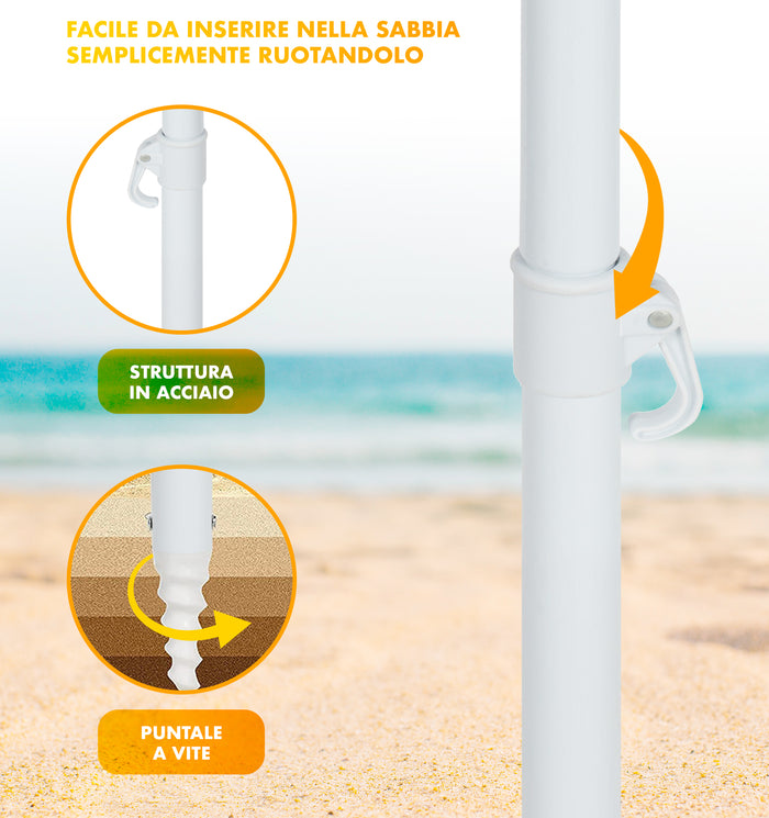 Ombrellone Da Spiaggia Grande Antivento 2.20 Metri Portatile Struttura In Acciaio A 8 Stecche Pieghevole Reclinabile Regolabile Altezza Puntale A Vite Resistente Uv Con Custodia A Tracolla Mare Campeggio Prato  Giallo