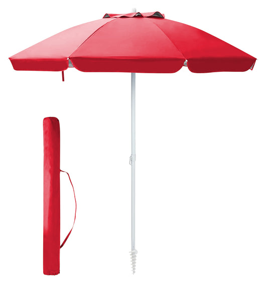 Ombrellone Da Spiaggia Grande Antivento 2.20 Metri Portatile Struttura In Acciaio A 8 Stecche Pieghevole Reclinabile Regolabile Altezza Puntale A Vite Resistente Uv Con Custodia A Tracolla Mare Campeggio Prato  Rosso