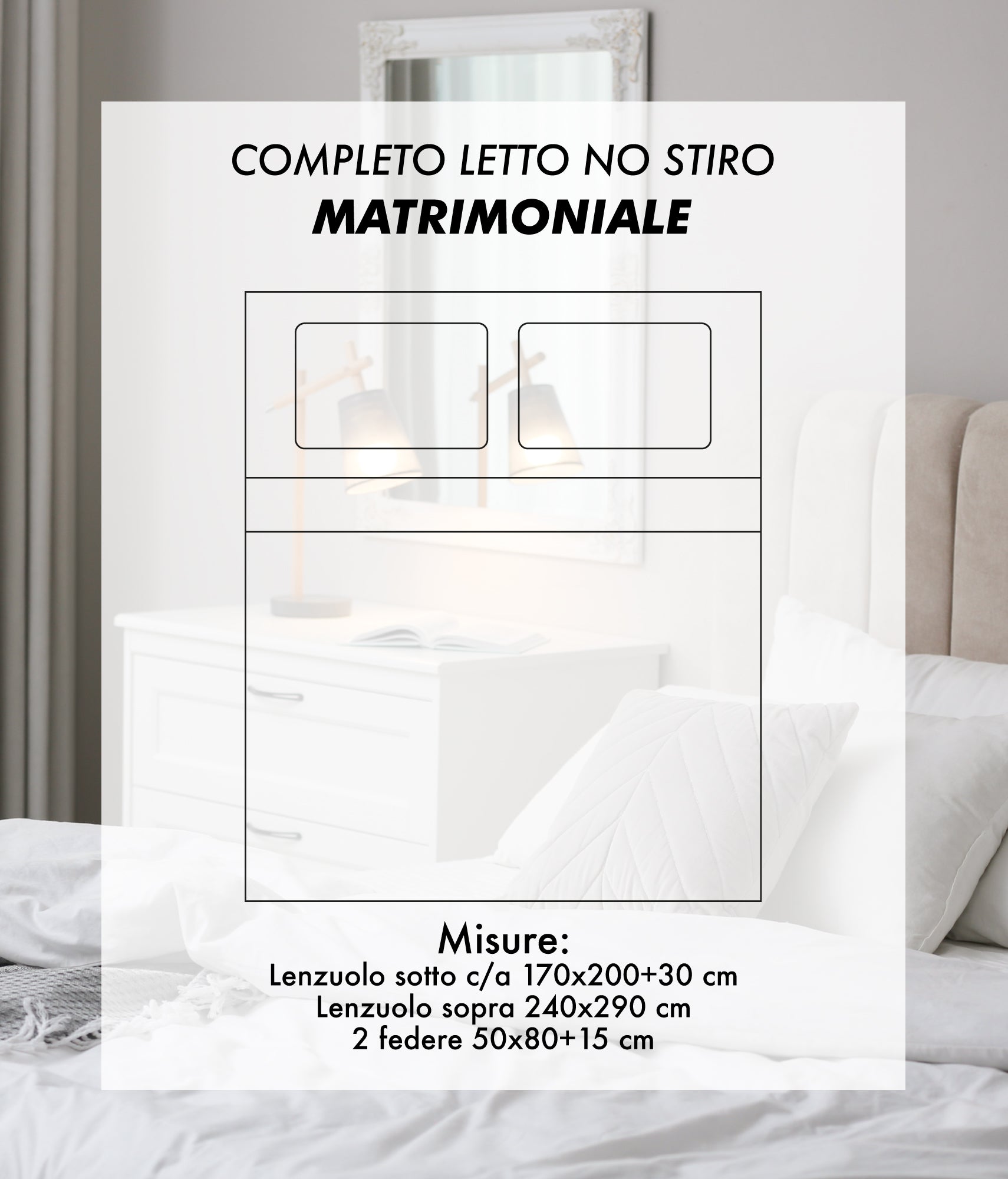 Completo Letto Matrimoniale No Stiro Set Lenzuola In Morbida Microfibra Anallergica Lenzuolo Sotto Con Angoli Elastici Fino 30 Cm, Lenzuolo Teso Sopra 2 Federe Prodotto Italiano  Dash