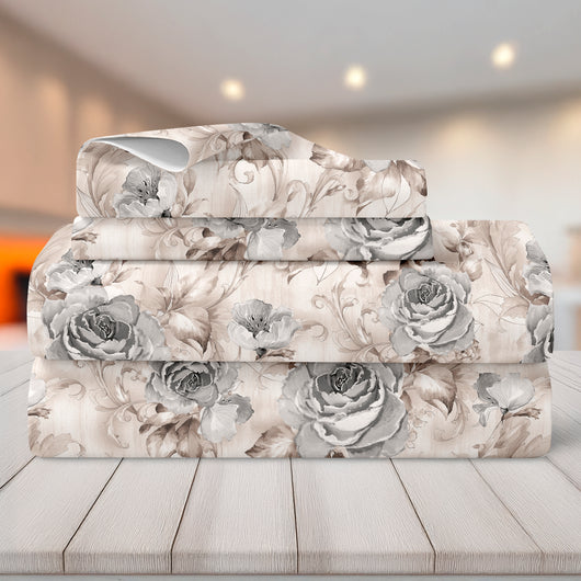 Completo Letto Matrimoniale No Stiro Set Lenzuola In Morbida Microfibra Anallergica Lenzuolo Sotto Con Angoli Elastici Fino 30 Cm, Lenzuolo Teso Sopra 2 Federe Prodotto Italiano  Boccioli Grigio