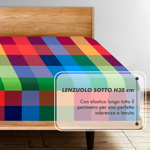 Completo Letto Matrimoniale No Stiro Set Lenzuola In Morbida Microfibra Anallergica Lenzuolo Sotto Con Angoli Elastici Fino 30 Cm, Lenzuolo Teso Sopra 2 Federe Prodotto Italiano  Chess Multicolor