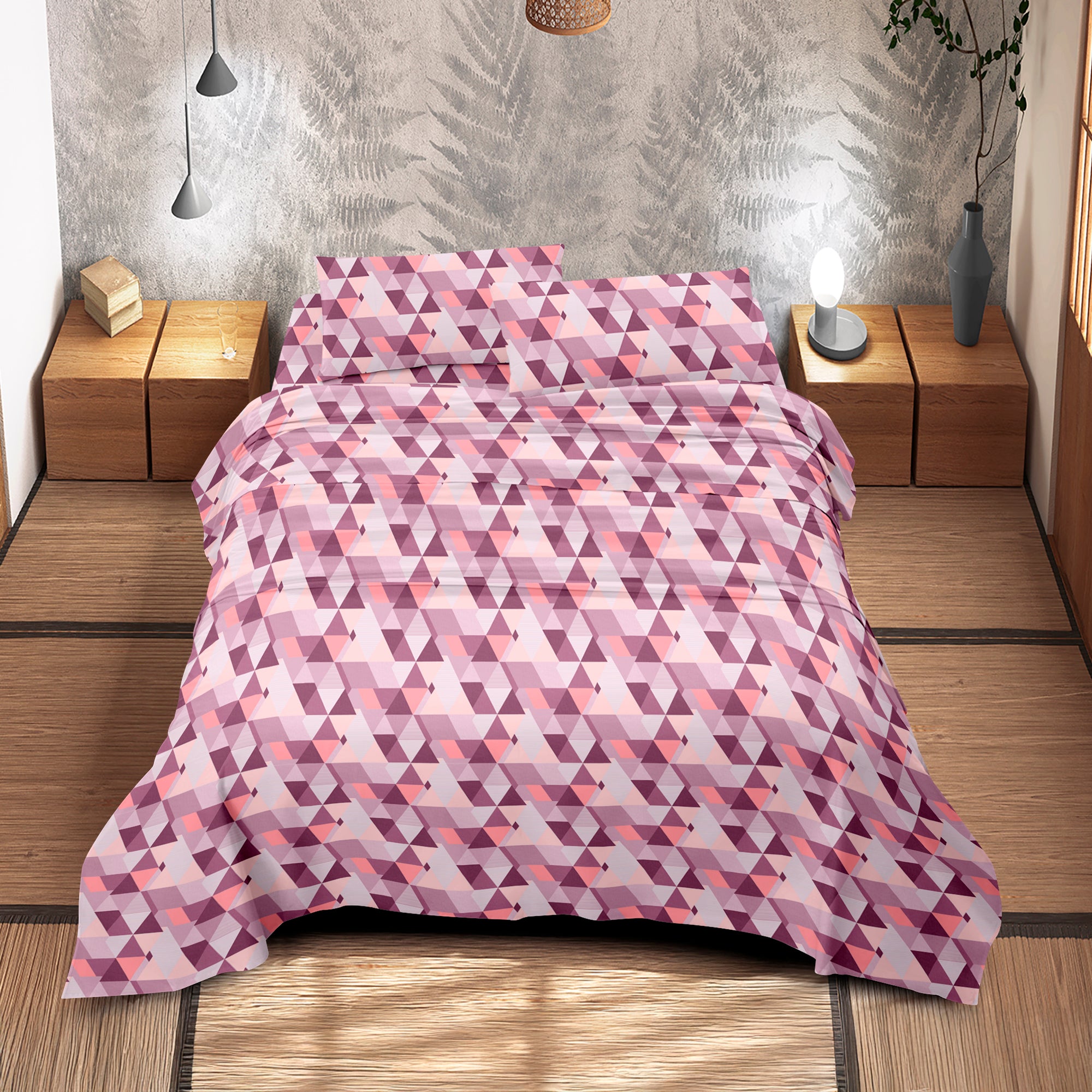 Completo Letto Matrimoniale No Stiro Set Lenzuola In Morbida Microfibra Anallergica Lenzuolo Sotto Con Angoli Elastici Fino 30 Cm, Lenzuolo Teso Sopra 2 Federe Prodotto Italiano  Triangolini