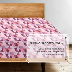 Completo Letto Matrimoniale No Stiro Set Lenzuola In Morbida Microfibra Anallergica Lenzuolo Sotto Con Angoli Elastici Fino 30 Cm, Lenzuolo Teso Sopra 2 Federe Prodotto Italiano  Triangolini