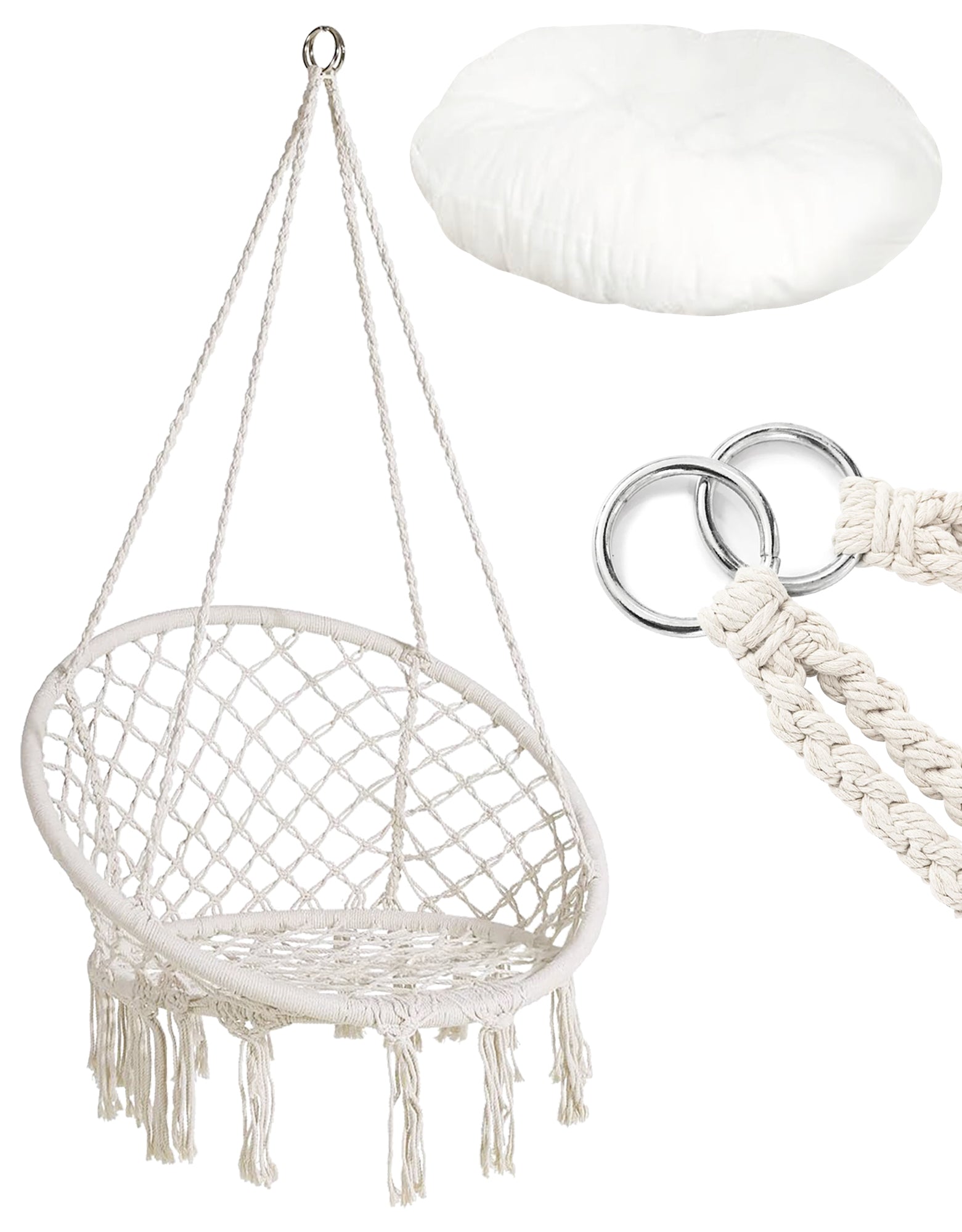 Sedia Sospesa ad Altalena Lavorata a maglia con Corda in Cotone Frange Macrame Naturale