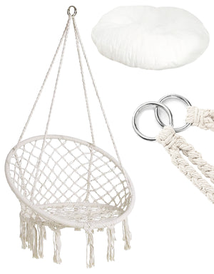 Sedia Sospesa ad Altalena Lavorata a maglia con Corda in Cotone Frange Macrame Naturale