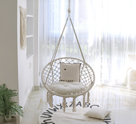 Sedia Sospesa ad Altalena Lavorata a maglia con Corda in Cotone Frange Macrame Naturale