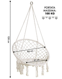 Sedia Sospesa ad Altalena Lavorata a maglia con Corda in Cotone Frange Macrame Naturale