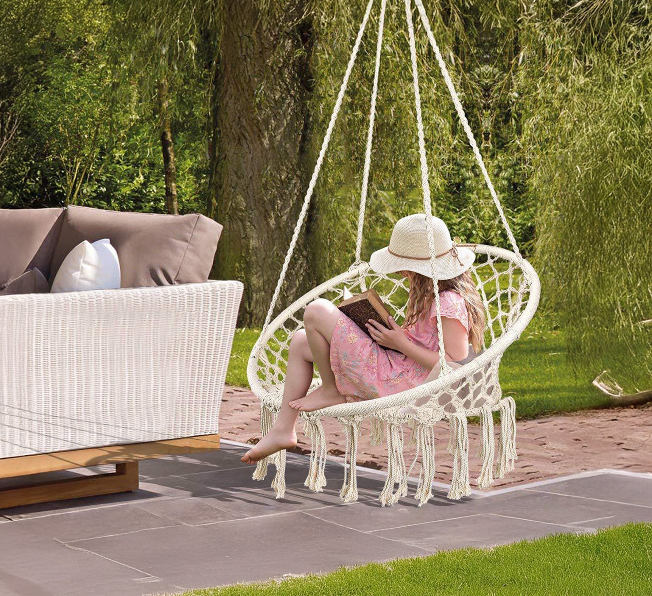 Sedia Sospesa ad Altalena Lavorata a maglia con Corda in Cotone Frange Macrame Naturale