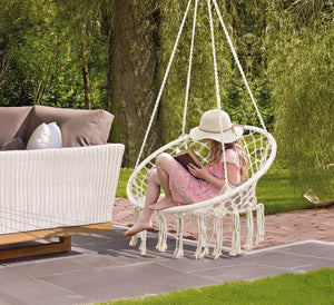 Sedia Sospesa ad Altalena Lavorata a maglia con Corda in Cotone Frange Macrame Naturale