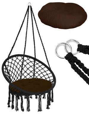 Sedia Sospesa ad Altalena Lavorata a maglia con Corda in Cotone Frange Macrame Nero